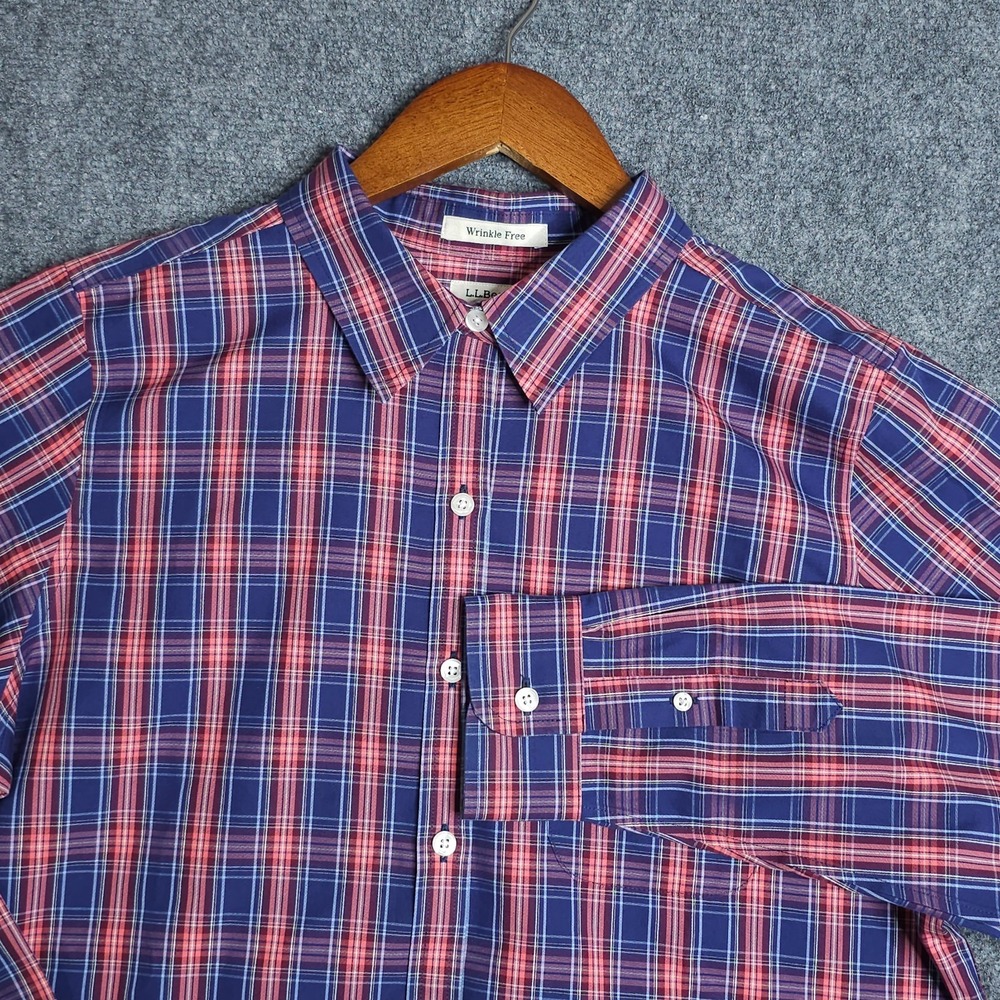 L.L. Bean Women's Medium Regular Blue Red Plaid Wrinkle Free Shirt Long Sleeve